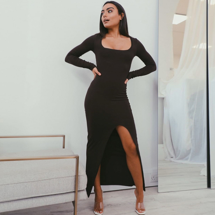 Slim Fit Dress with Square Neck and Side Slit