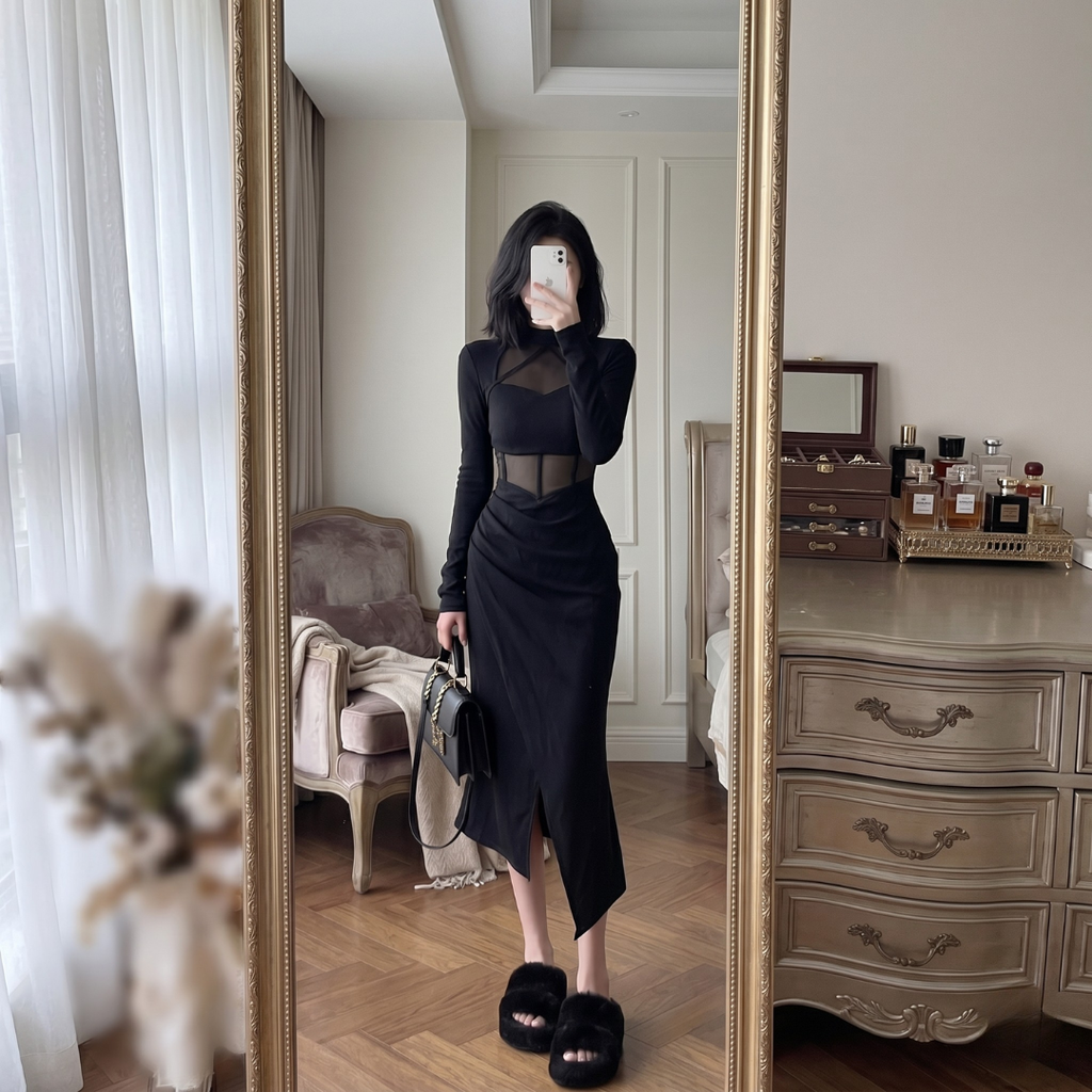 Black Fishbone Long Sleeve Dress for Women