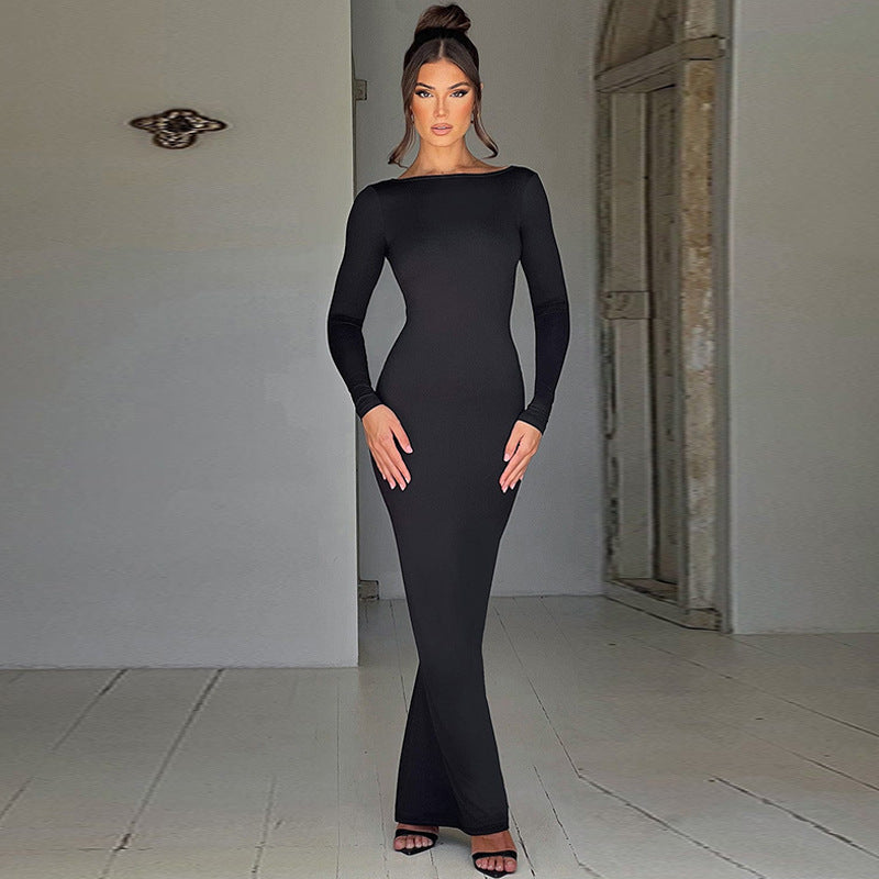 Backless Pleated Slim Solid Color Fashion Dress