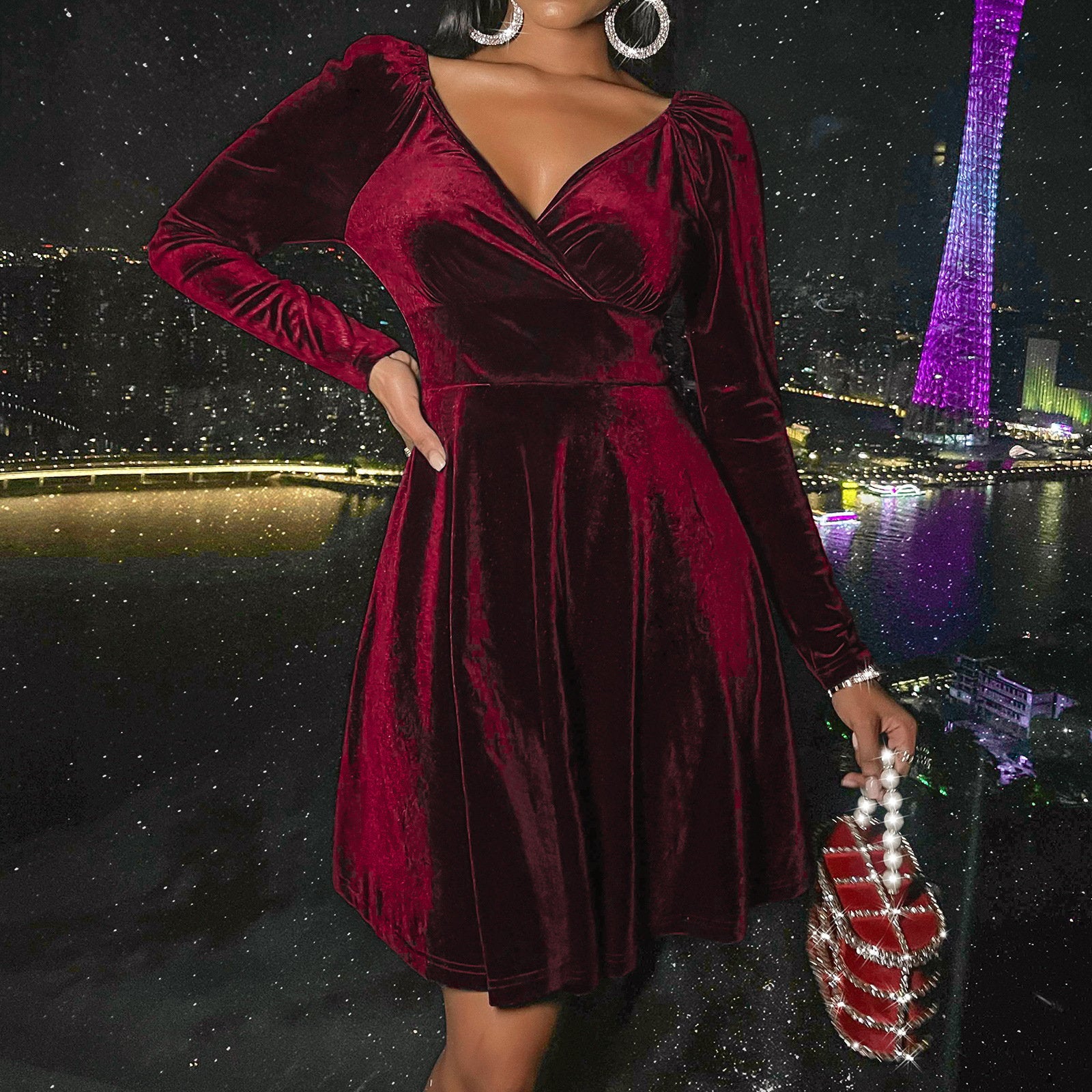 Explosive V-neck Velvet Dress for Women