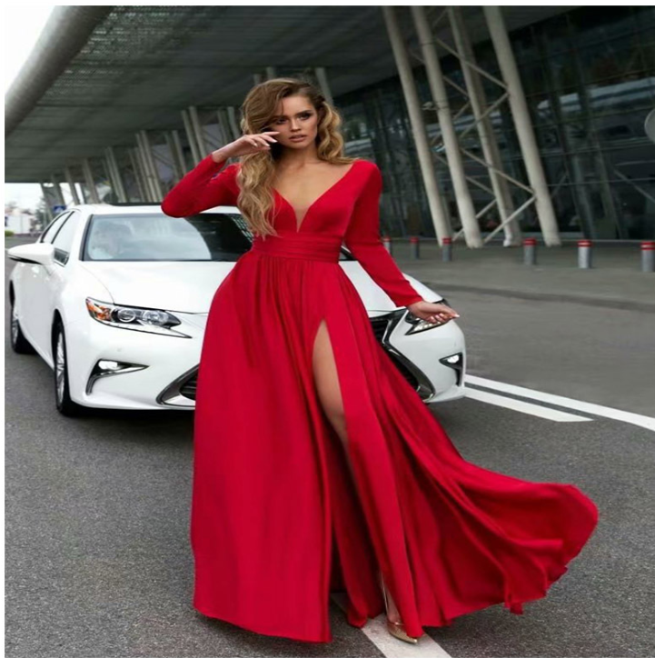 New Color Solid High Split Maxi Dress with Deep V Neck