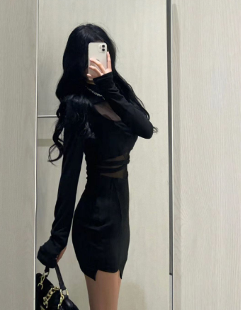 Black Fishbone Long Sleeve Dress for Women