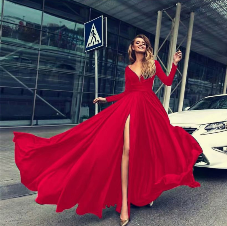 New Color Solid High Split Maxi Dress with Deep V Neck