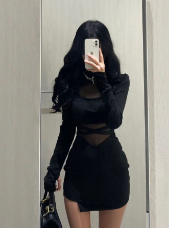 Black Fishbone Long Sleeve Dress for Women