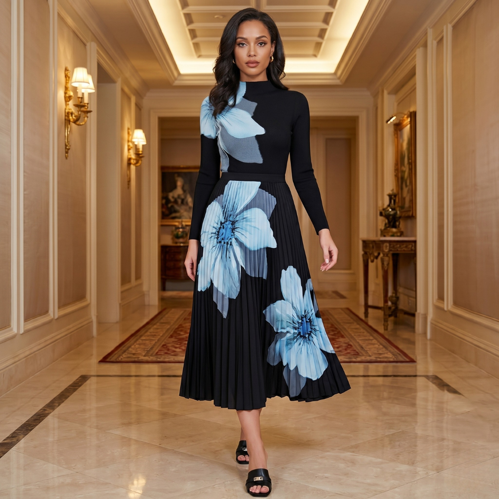 Elegant Pleated Fitted Waist Dress for Women