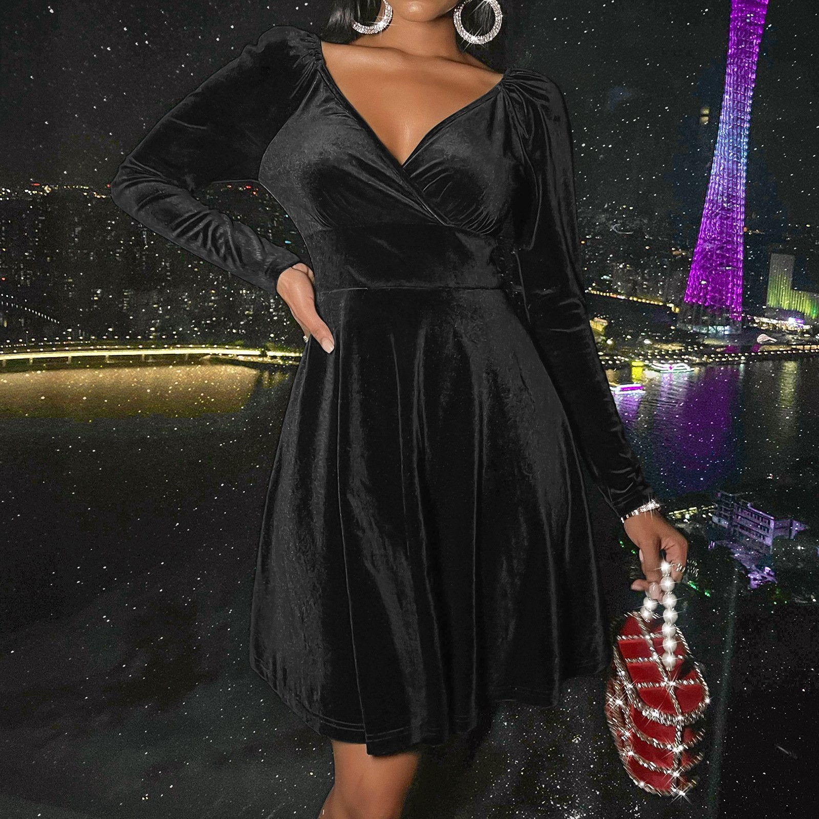 Explosive V-neck Velvet Dress for Women