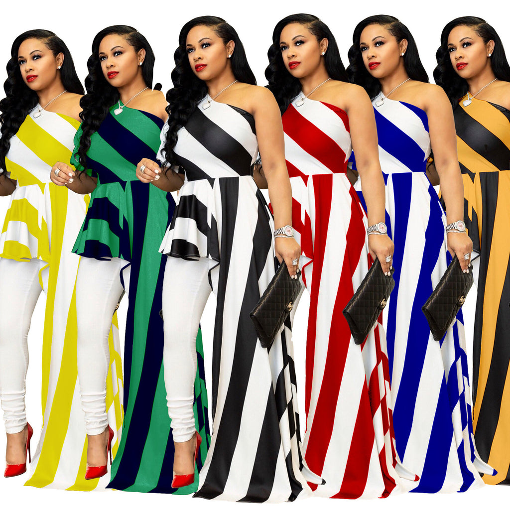 Oblique Shoulder Striped Long Dress for Women