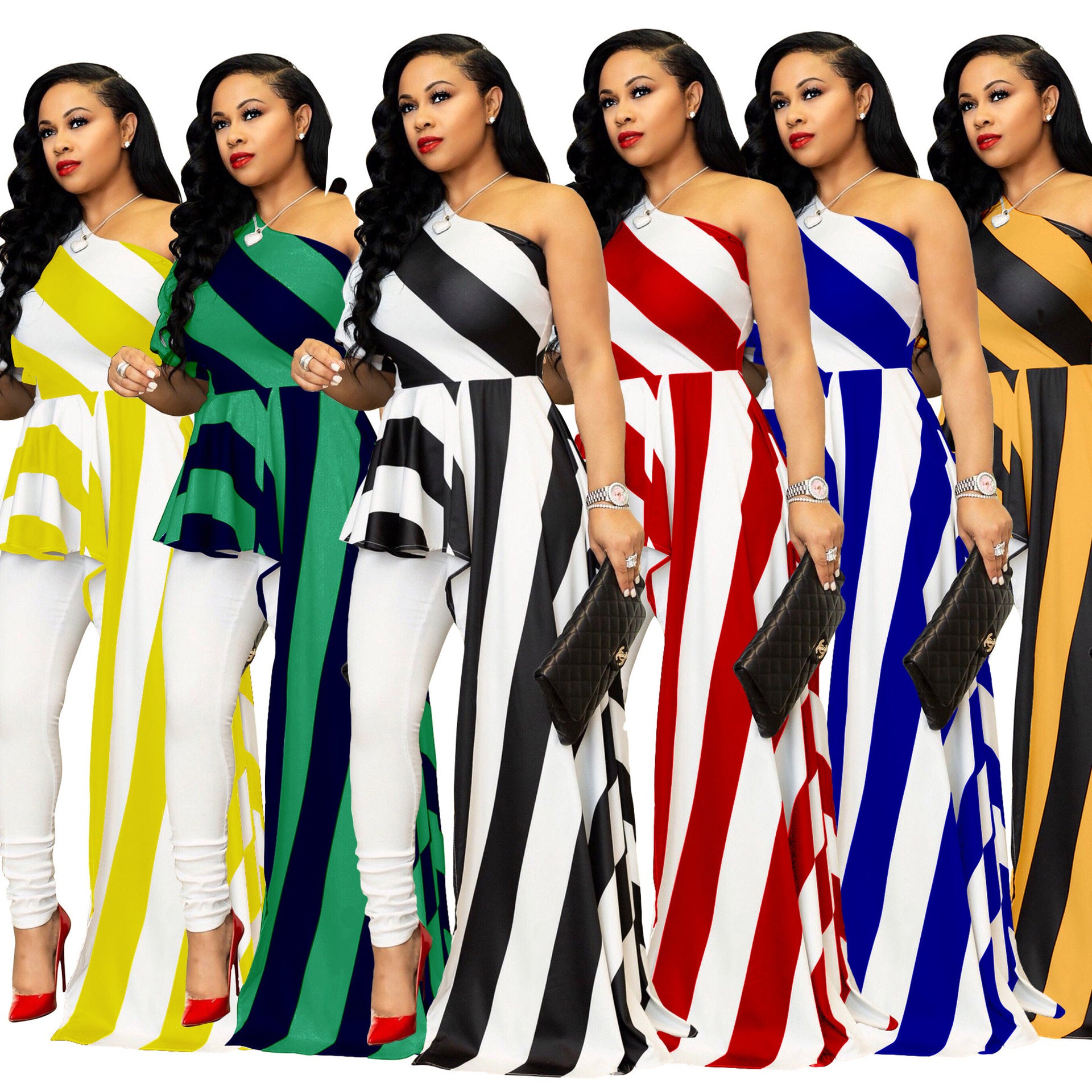 Oblique Shoulder Striped Long Dress for Women