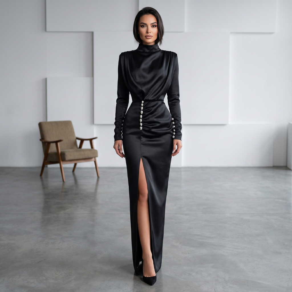 Women's Long Sleeve Sexy High Waist Split Dress