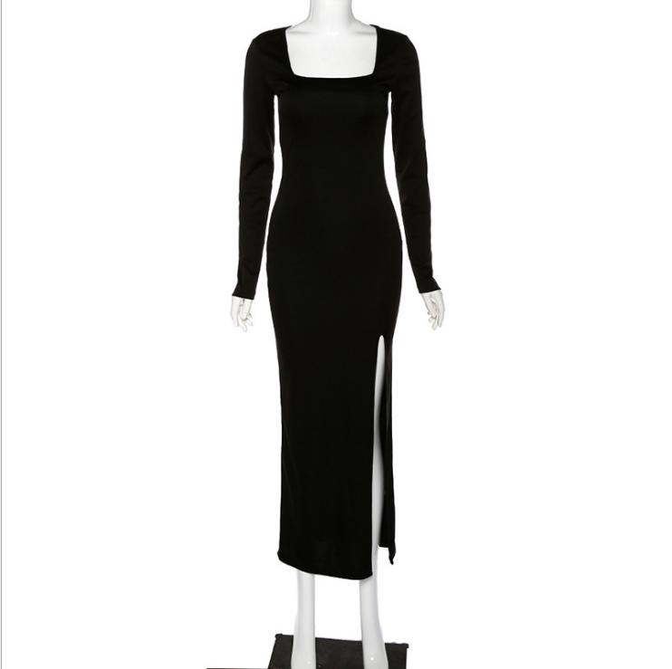 Slim Fit Dress with Square Neck and Side Slit