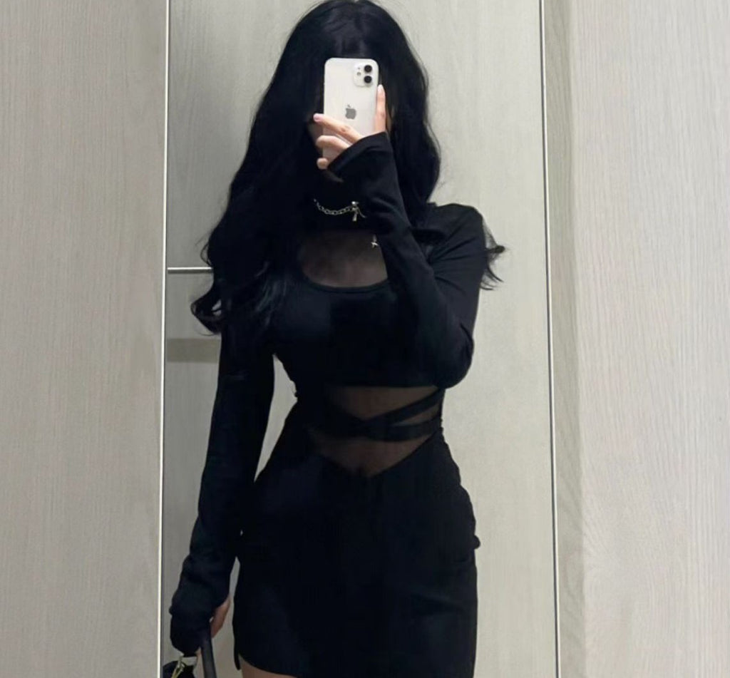 Black Fishbone Long Sleeve Dress for Women