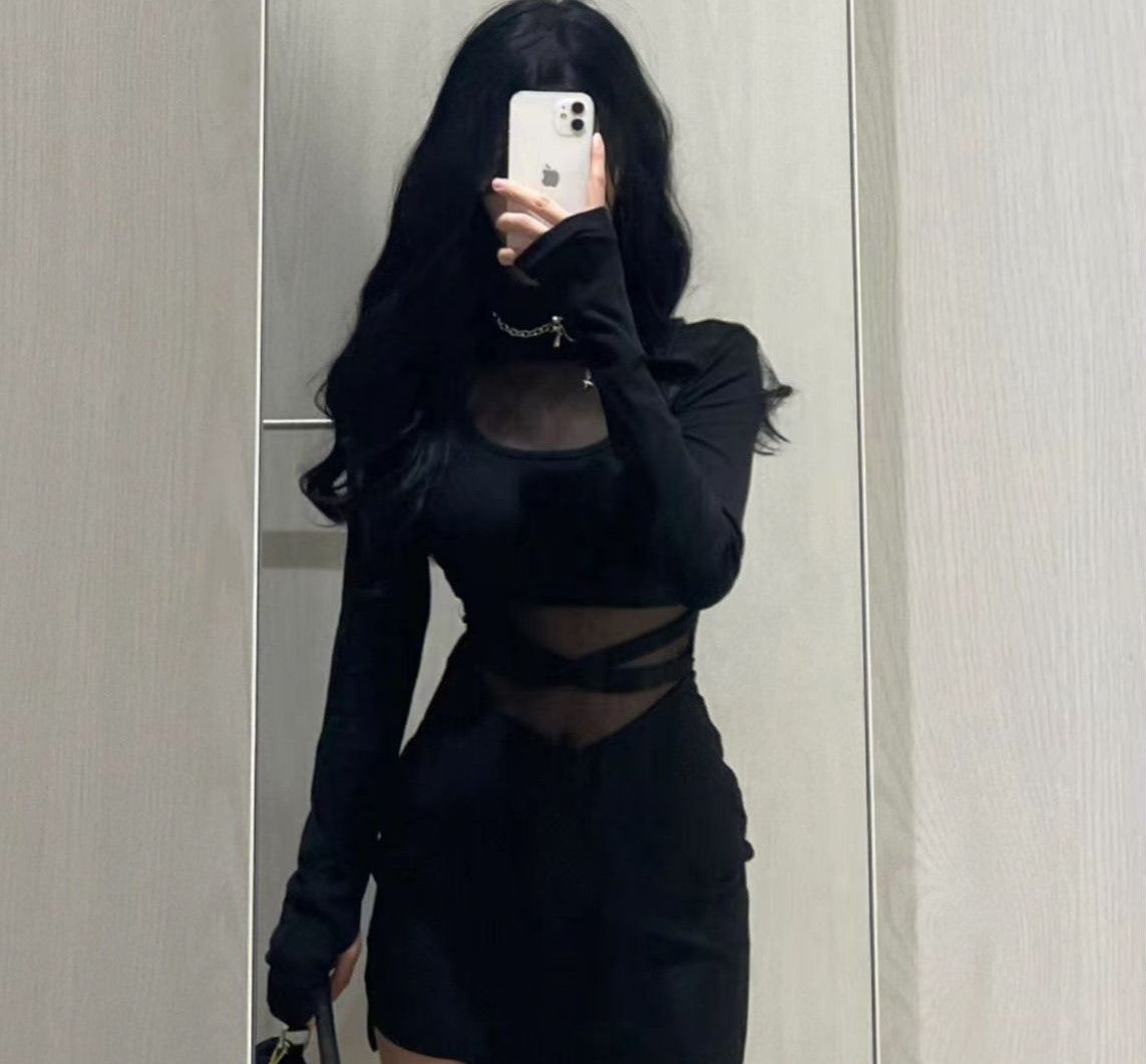 Black Fishbone Long Sleeve Dress for Women