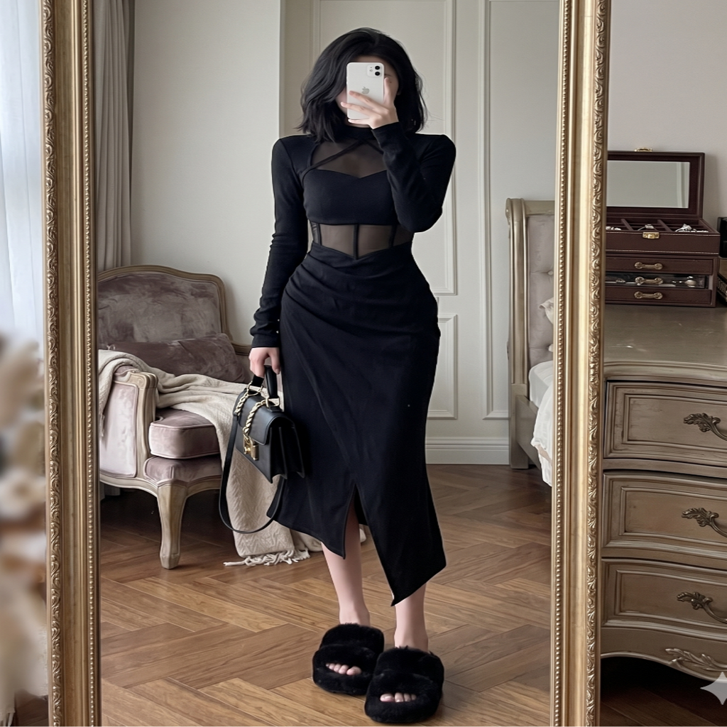 Black Fishbone Long Sleeve Dress for Women