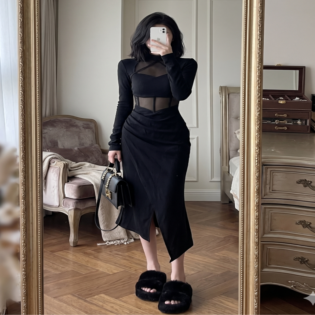 Black Fishbone Long Sleeve Dress for Women