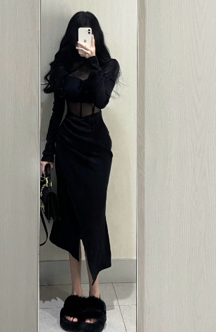 Black Fishbone Long Sleeve Dress for Women