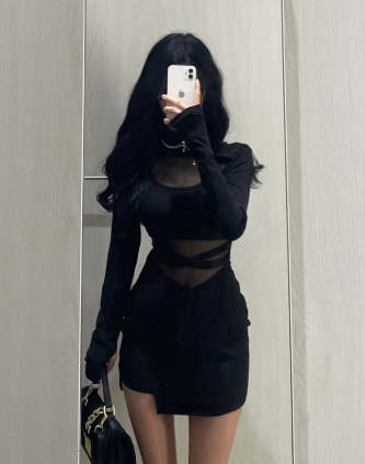 Black Fishbone Long Sleeve Dress for Women