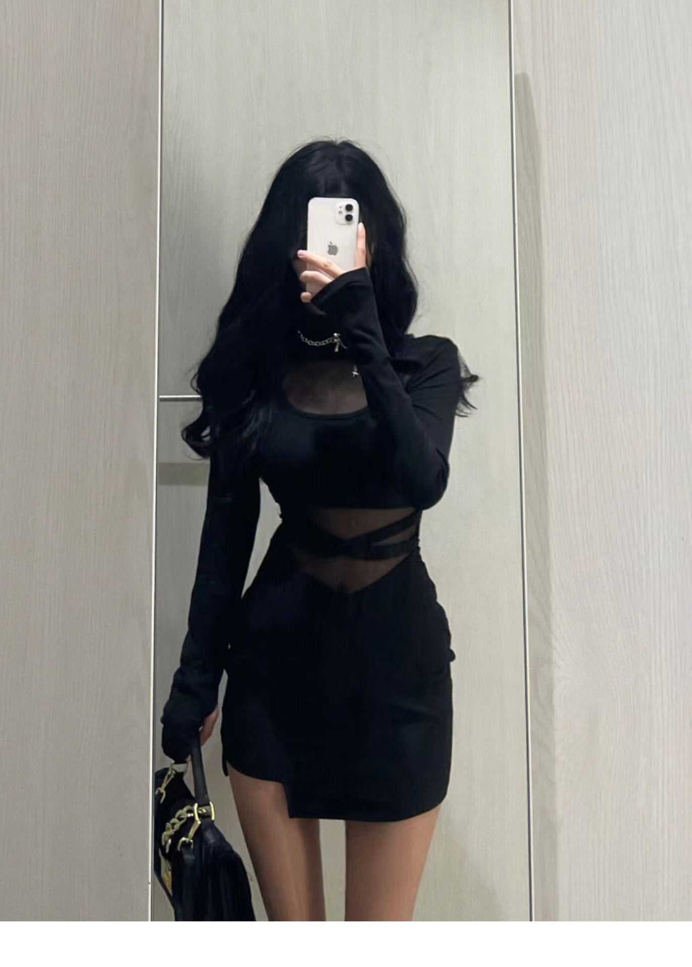 Black Fishbone Long Sleeve Dress for Women