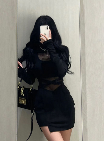 Black Fishbone Long Sleeve Dress for Women