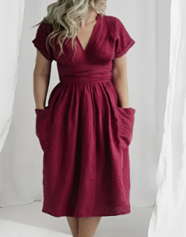 WOLFF Elegant Linen Dress with V-Neck and Tie (One Piece)