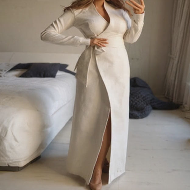 WOLFF White V-Neck Wrap Dress with Split Sleeve (One Piece)